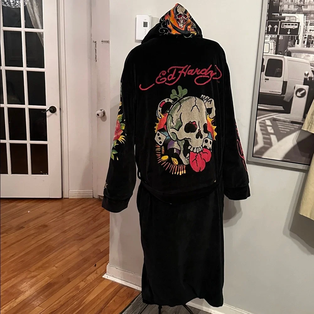 Y2K Ed Hardy Velvet Robe Coat Skull Tattoo Graphic Black S/M Luxury Streetwear - Picture 7 of 15